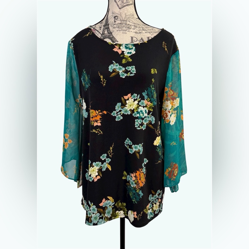 Chico's Black & Blue Green Floral Blouse Sheer Sleeves Size 1 (M) Dressy Casual